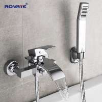 ROVATE Bathtub Shower Set Wall Mounted Waterfall Bath Faucet, Bathroom Cold and Hot Mixer Taps Brass Chrome